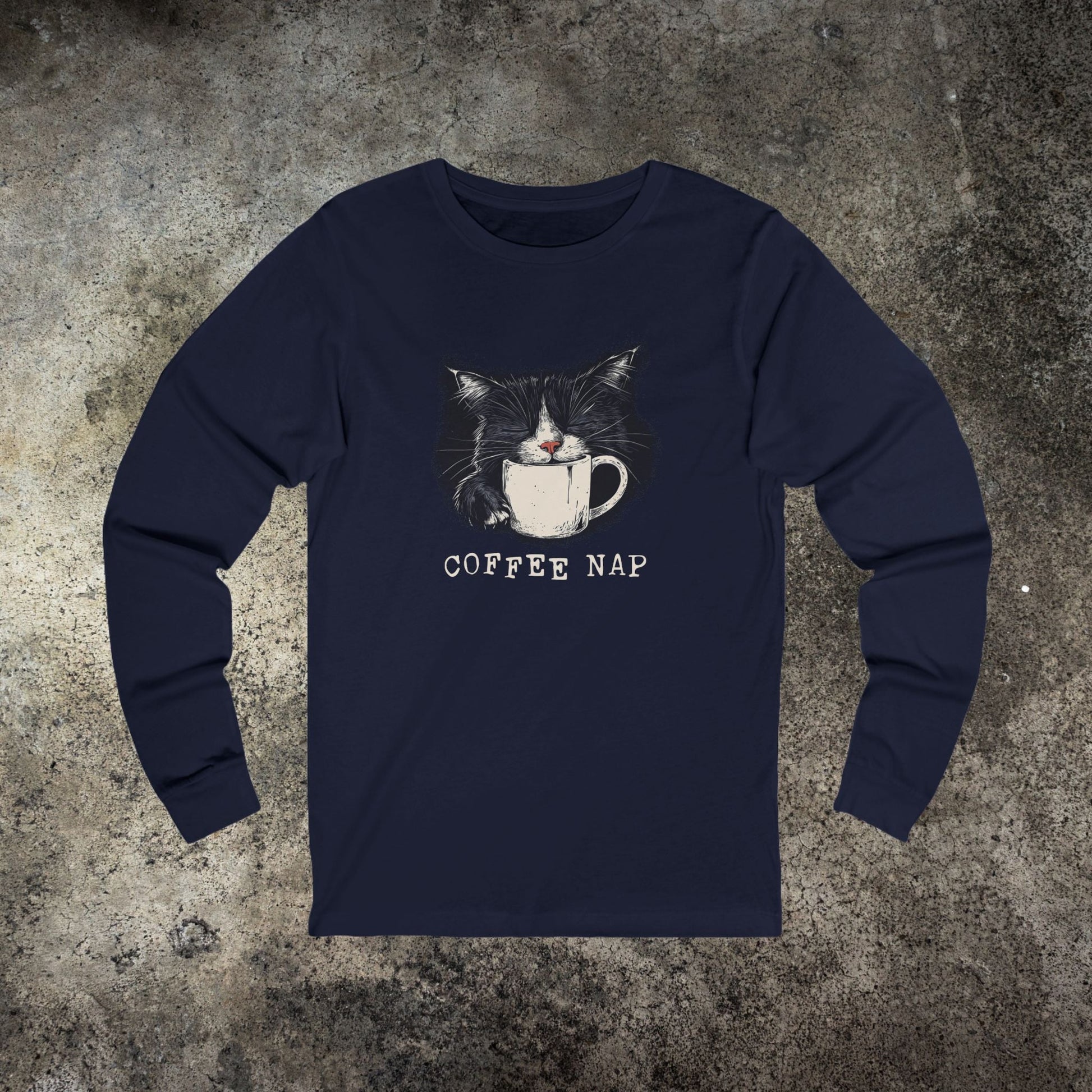 Long Sleeve Coffee Nap Black Cat T-Shirt – Cute Cat & Coffee Lover Tee - FlooredByArt