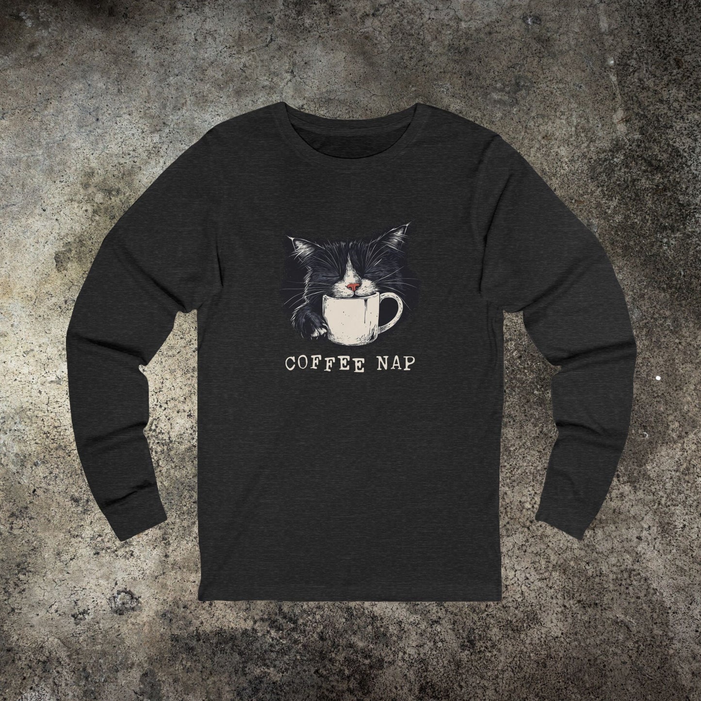 Long Sleeve Coffee Nap Black Cat T-Shirt – Cute Cat & Coffee Lover Tee - FlooredByArt