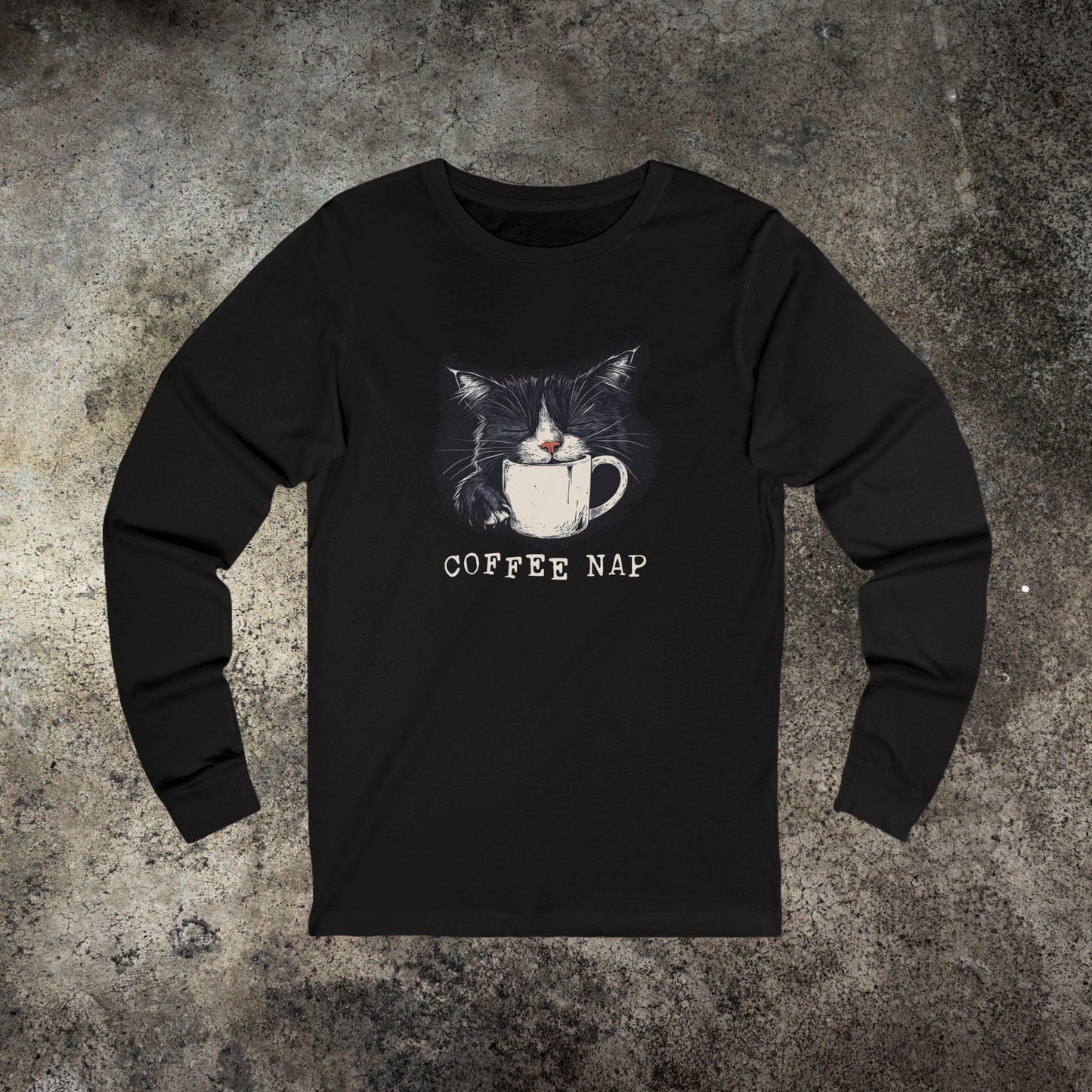 Long Sleeve Coffee Nap Black Cat T-Shirt – Cute Cat & Coffee Lover Tee - FlooredByArt