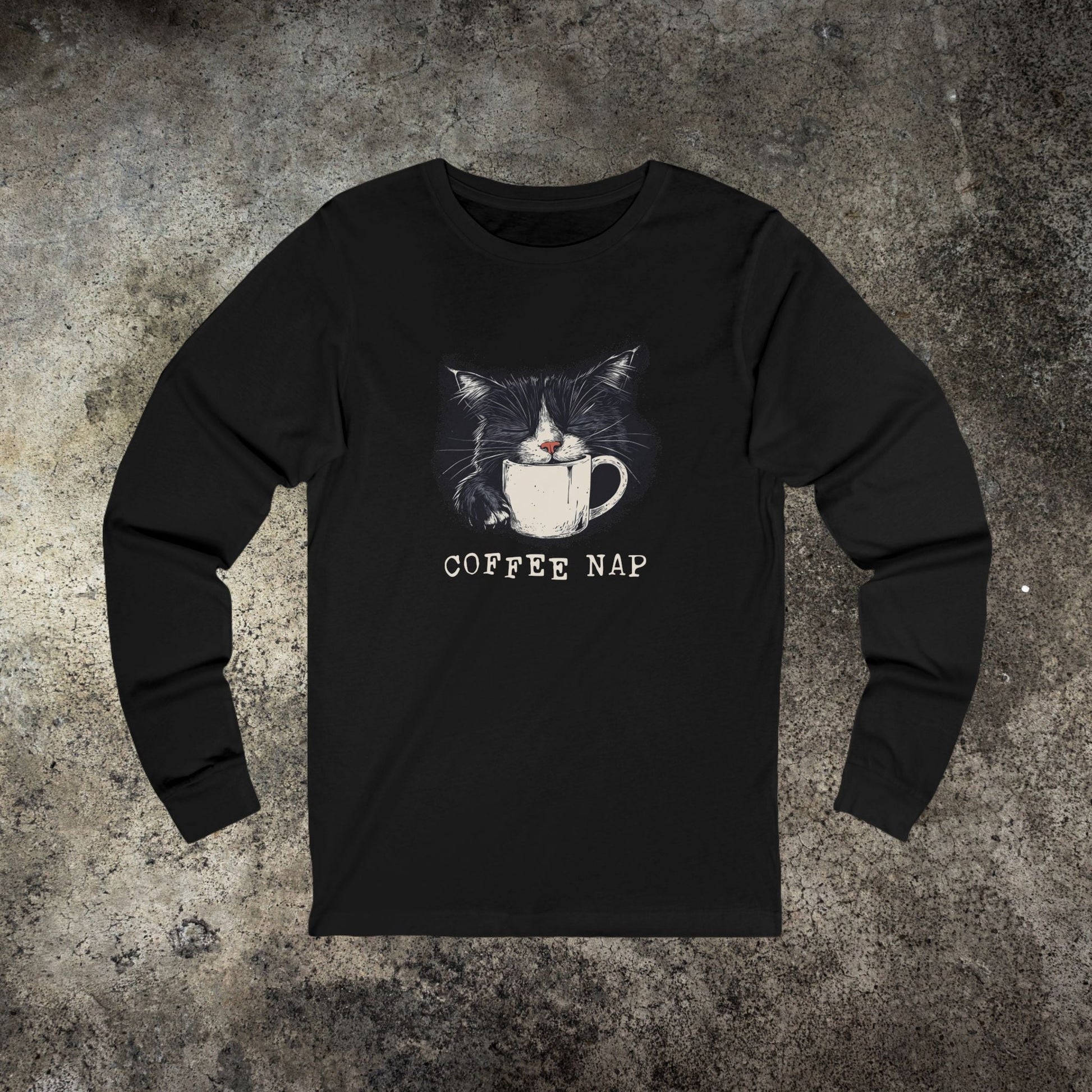 Long Sleeve Coffee Nap Black Cat T-Shirt – Cute Cat & Coffee Lover Tee - FlooredByArt