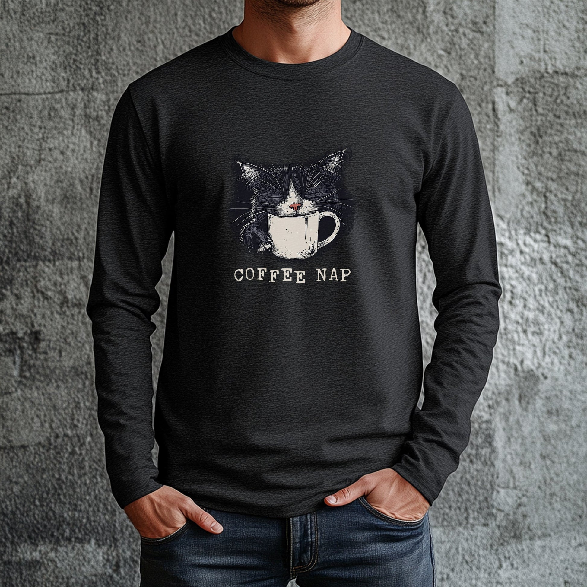 Long Sleeve Coffee Nap Black Cat T-Shirt – Cute Cat & Coffee Lover Tee - FlooredByArt