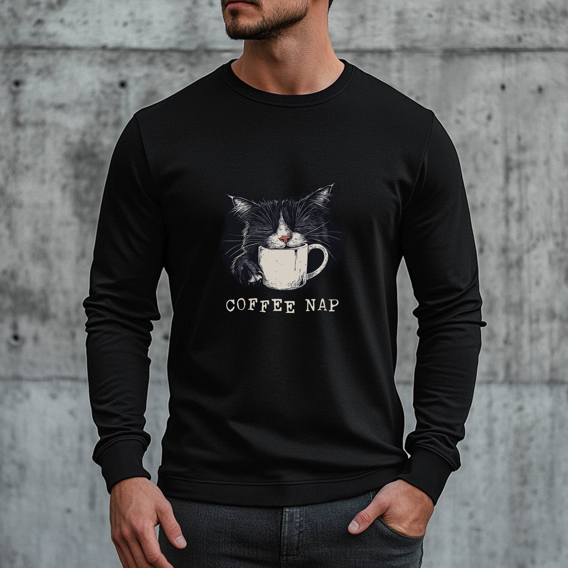 Long Sleeve Coffee Nap Black Cat T-Shirt – Cute Cat & Coffee Lover Tee - FlooredByArt
