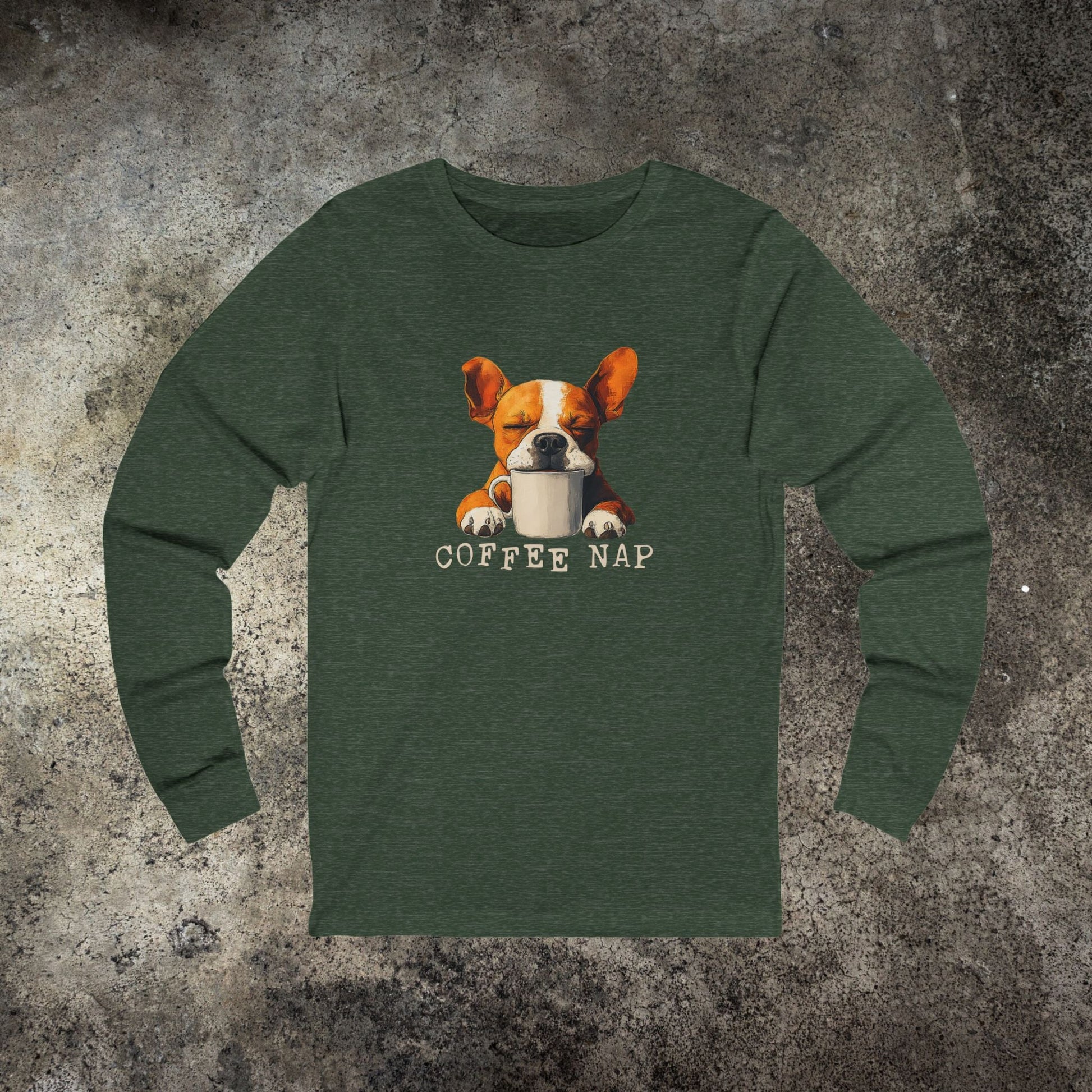 Long Sleeve Coffee Nap T-Shirt – Cute French Bulldog & Coffee Lover Tee - FlooredByArt