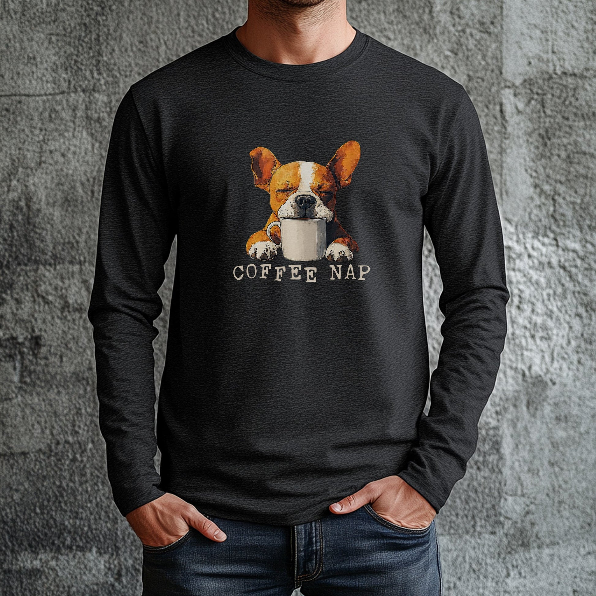 Long Sleeve Coffee Nap T-Shirt – Cute French Bulldog & Coffee Lover Tee - FlooredByArt