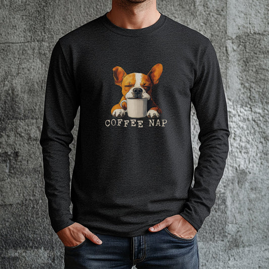 Long Sleeve Coffee Nap T-Shirt – Cute French Bulldog & Coffee Lover Tee - FlooredByArt