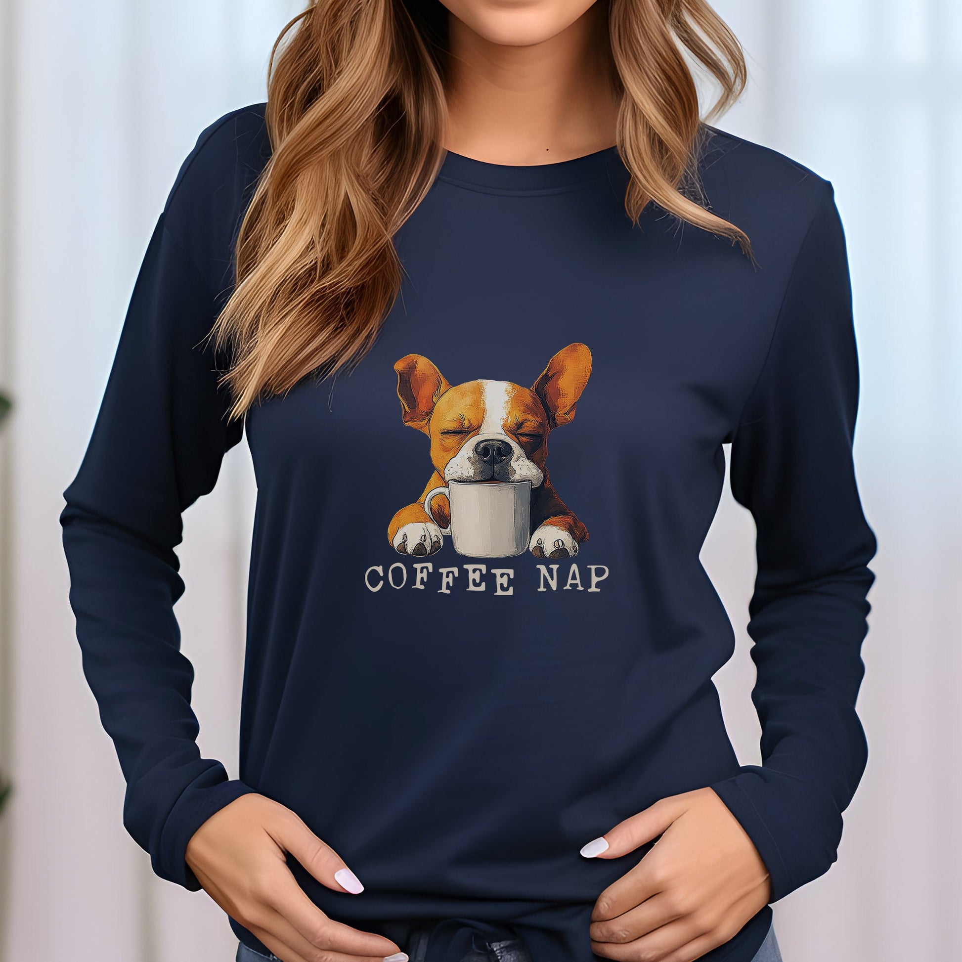 Long Sleeve Coffee Nap T-Shirt – Cute French Bulldog & Coffee Lover Tee - FlooredByArt