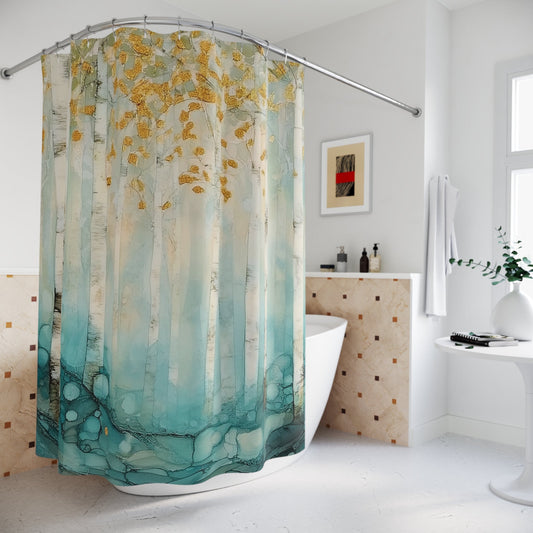 Magic Forest Shower Curtain, Golden Leaf White Aspen Watercolor, Unique Bathroom Decor - FlooredByArt