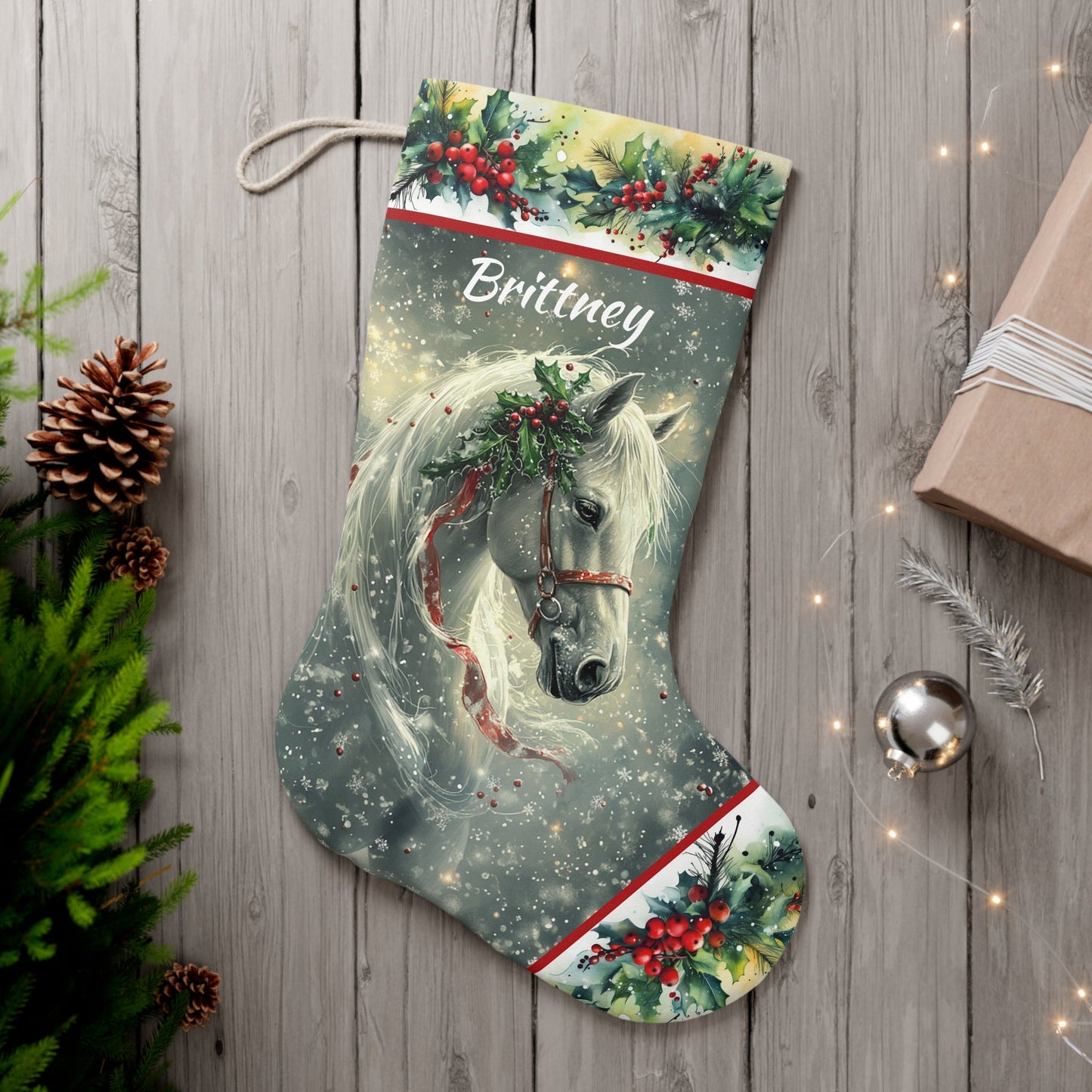 Magical Christmas Horse Stocking, White Dream Horse on a Holiday Stocking, Angel Horse Art - FlooredByArt