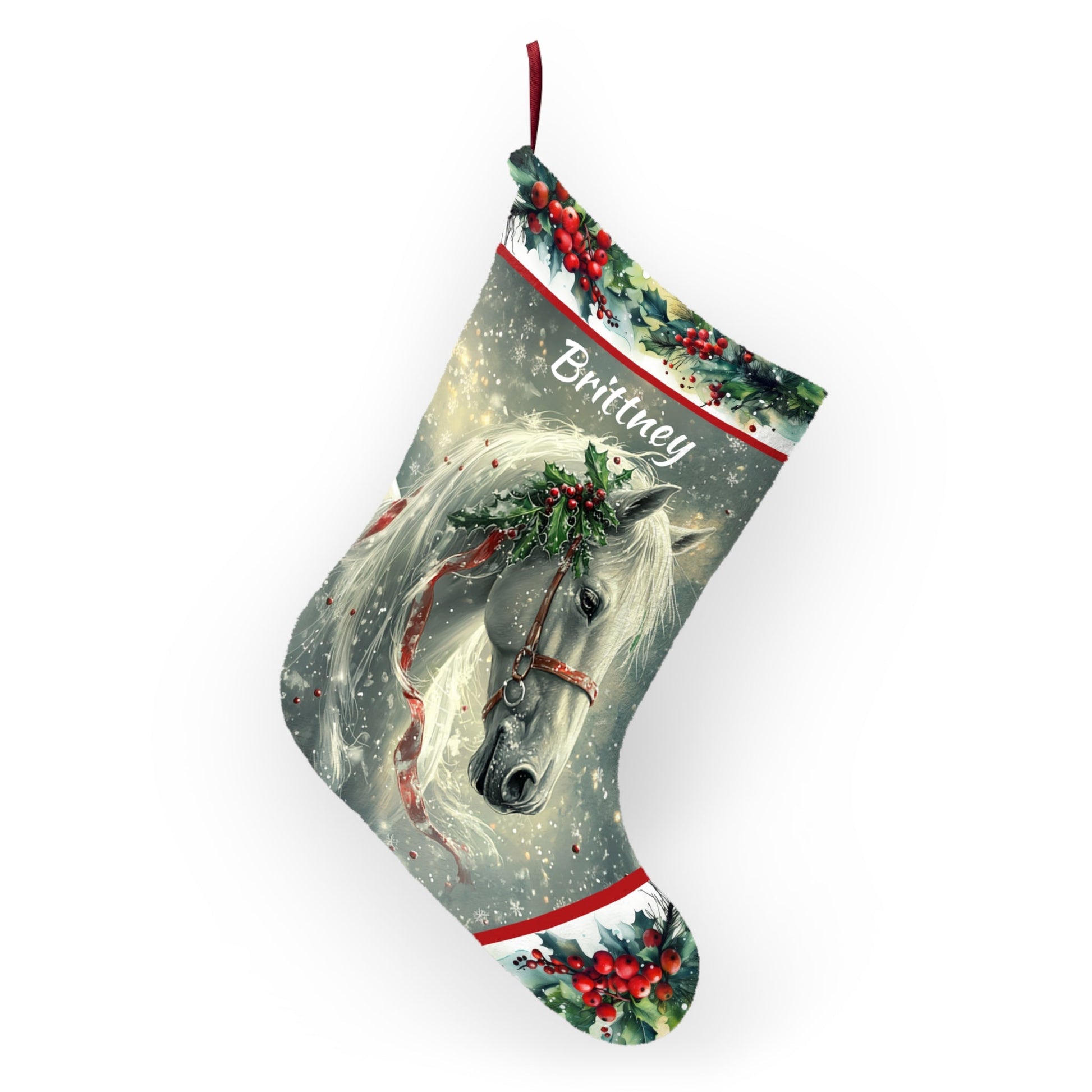 Magical Christmas Horse Stocking, White Dream Horse on a Holiday Stocking, Angel Horse Art - FlooredByArt