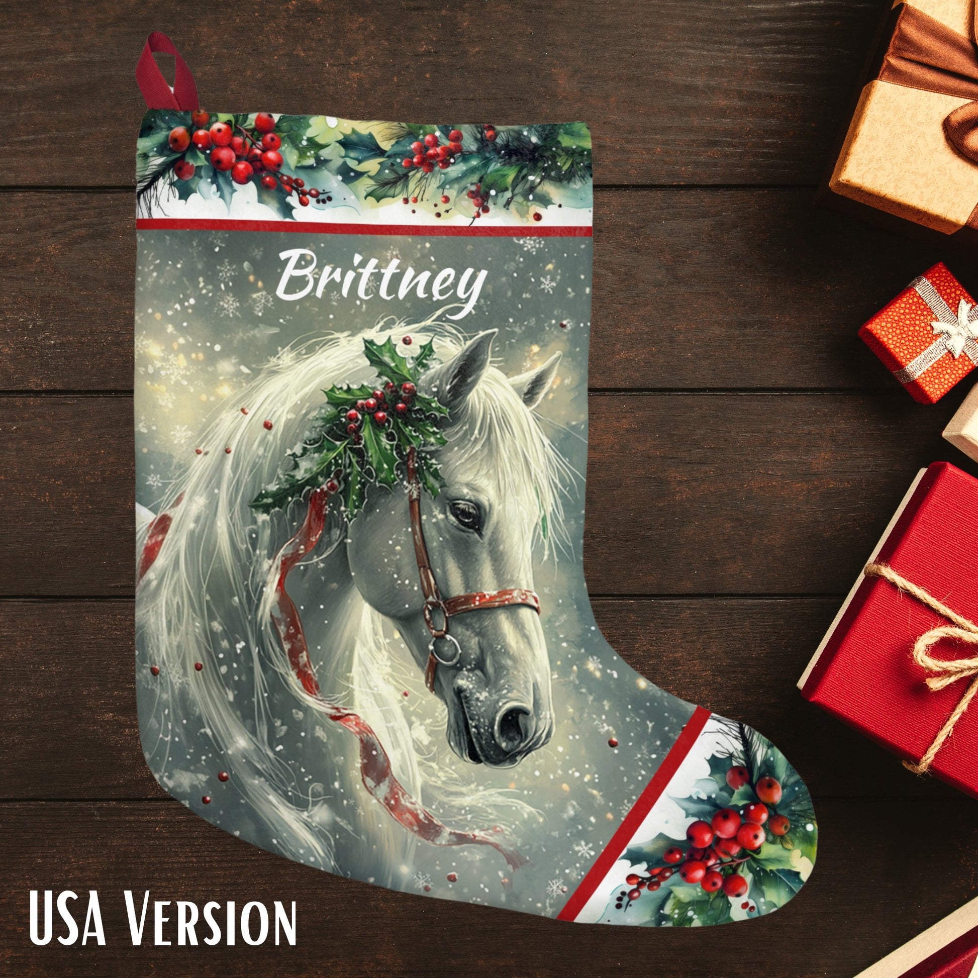 Magical Christmas Horse Stocking, White Dream Horse on a Holiday Stocking, Angel Horse Art - FlooredByArt