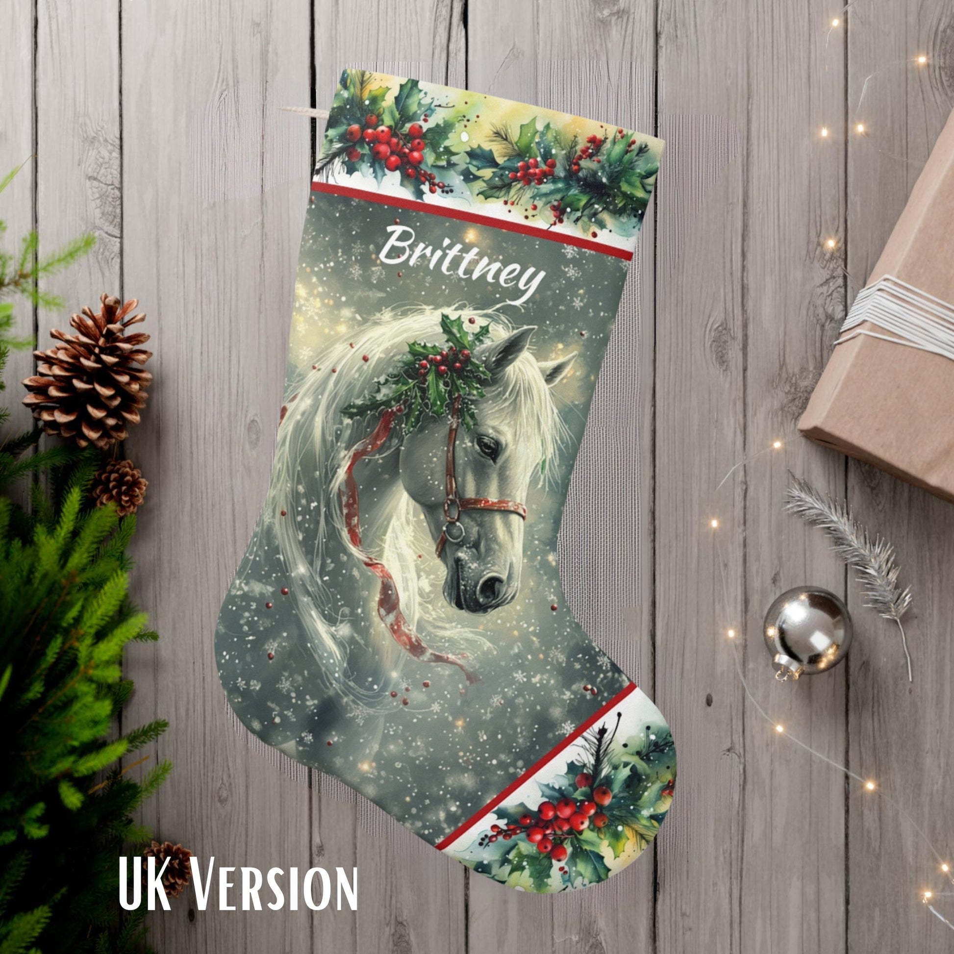 Magical Christmas Horse Stocking, White Dream Horse on a Holiday Stocking, Angel Horse Art - FlooredByArt