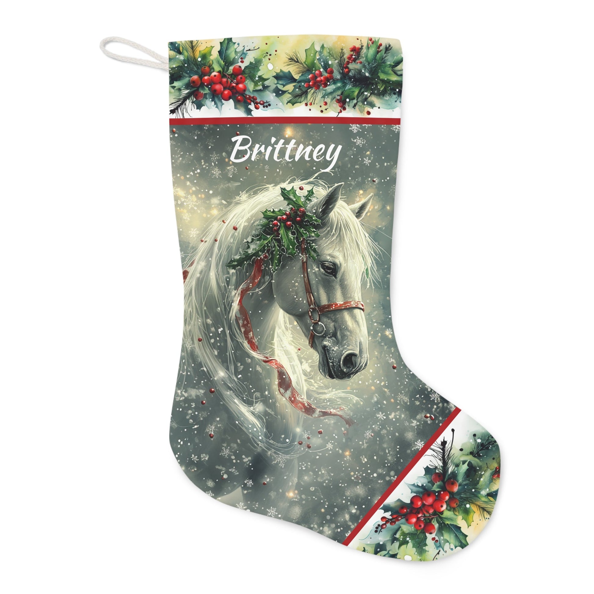 Magical Christmas Horse Stocking, White Dream Horse on a Holiday Stocking, Angel Horse Art - FlooredByArt