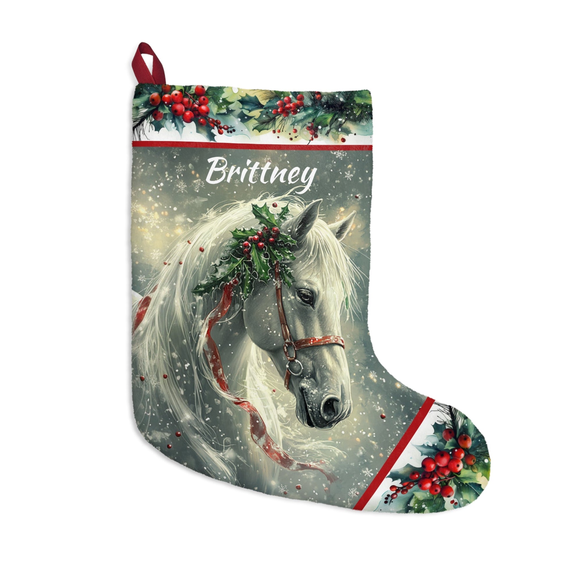 Magical Christmas Horse Stocking, White Dream Horse on a Holiday Stocking, Angel Horse Art - FlooredByArt