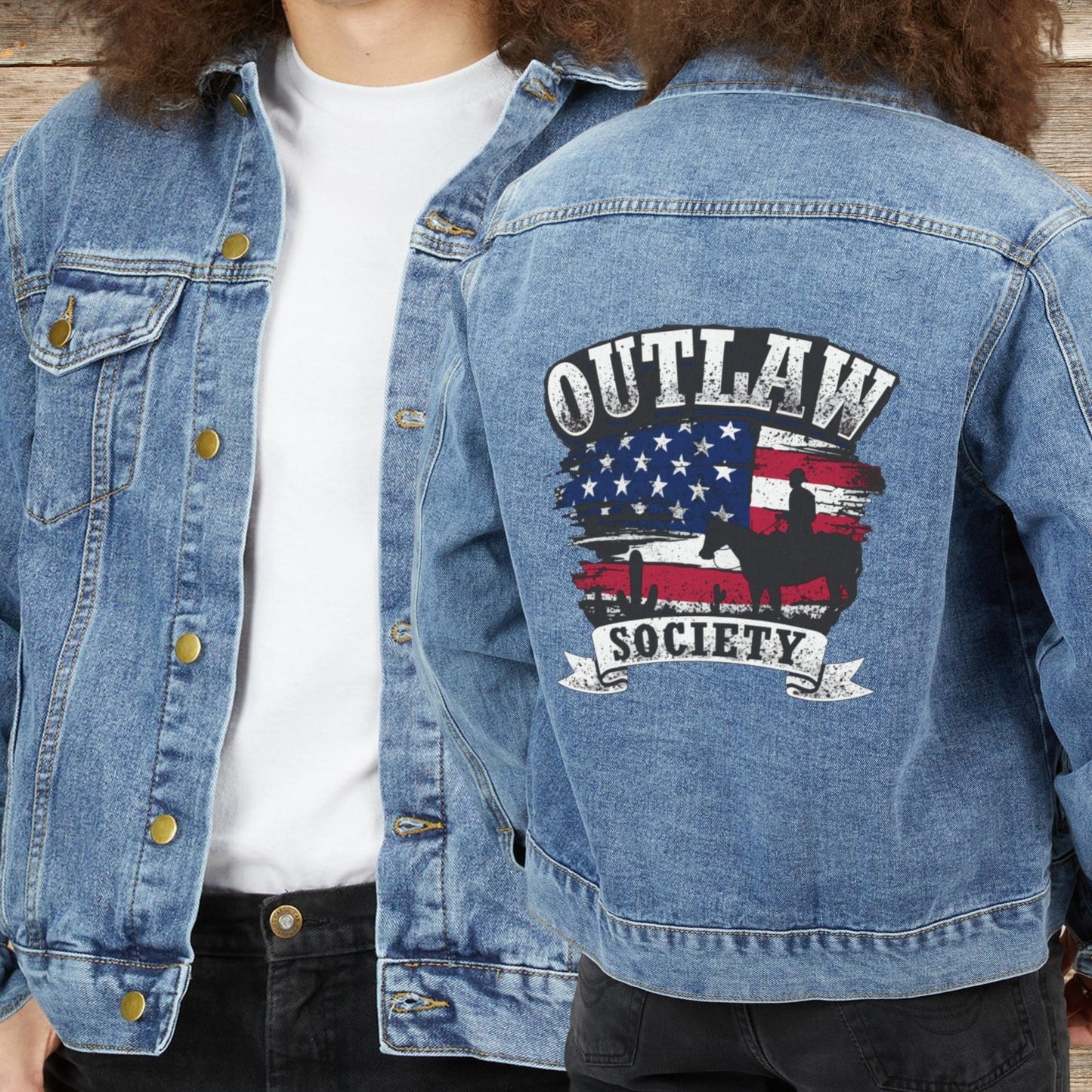 Mens Country Western Jean Jacket, Cotton Denim Outlaw Music Society - FlooredByArt