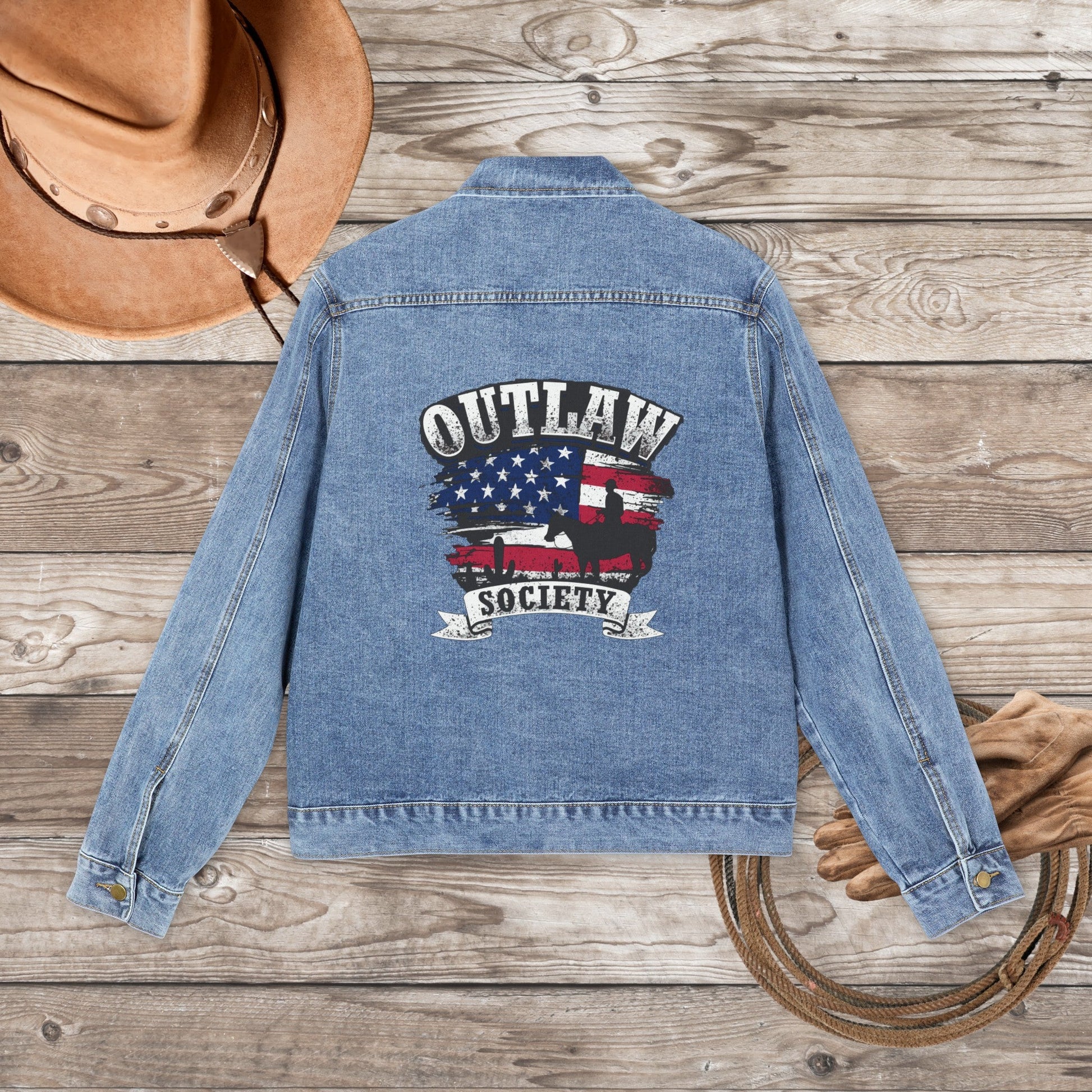 Mens Country Western Jean Jacket, Cotton Denim Outlaw Music Society - FlooredByArt