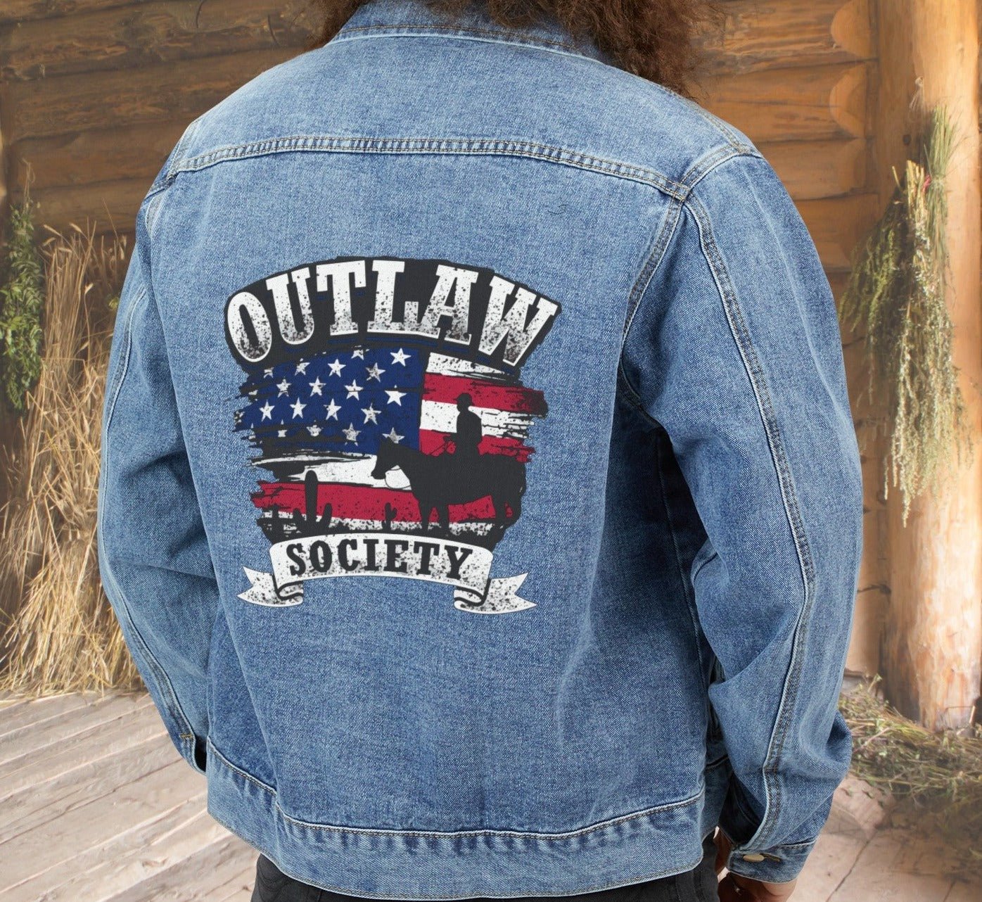 Mens Country Western Jean Jacket, Cotton Denim Outlaw Music Society - FlooredByArt
