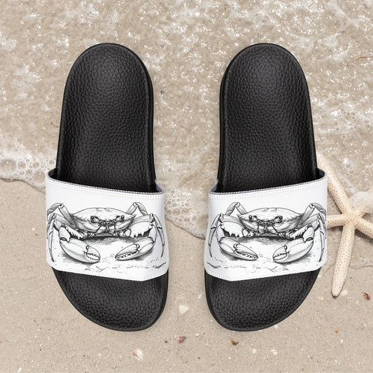 Men's Crab Art Slide Sandals, Seashore Crabs on Shoes, Unique Black & White Drawing - FlooredByArt