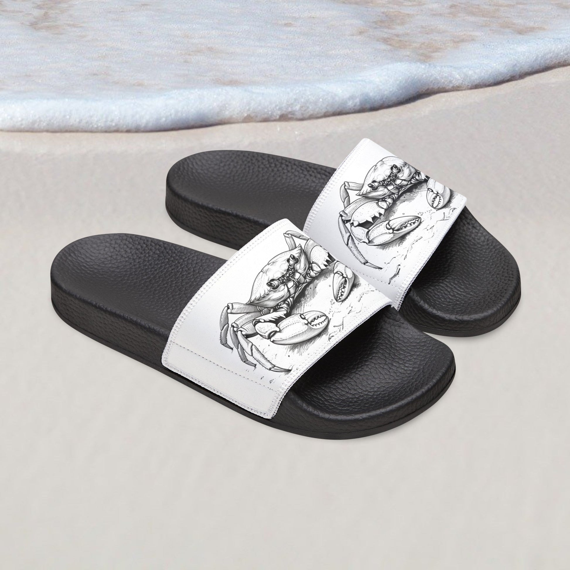 Men's Crab Art Slide Sandals, Seashore Crabs on Shoes, Unique Black & White Drawing - FlooredByArt