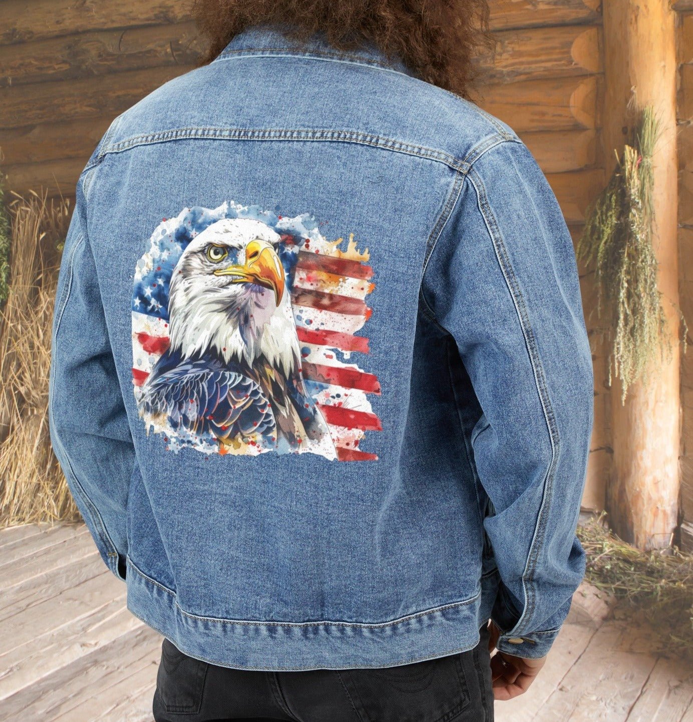 Mens or Womens American Flag Jean Jacket, Cotton Denim American Flag and Eagle, Light Jacket, USA - FlooredByArt