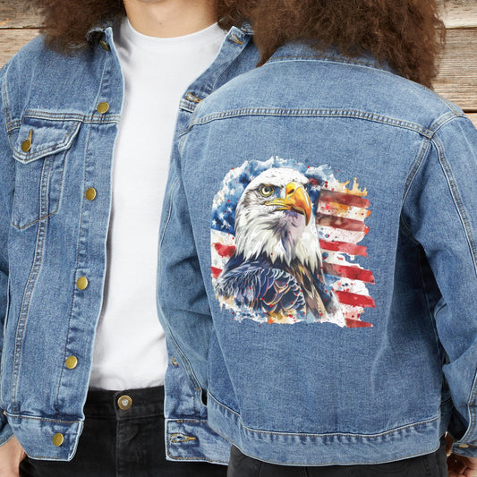 Mens or Womens American Flag Jean Jacket, Cotton Denim American Flag and Eagle, Light Jacket, USA - FlooredByArt
