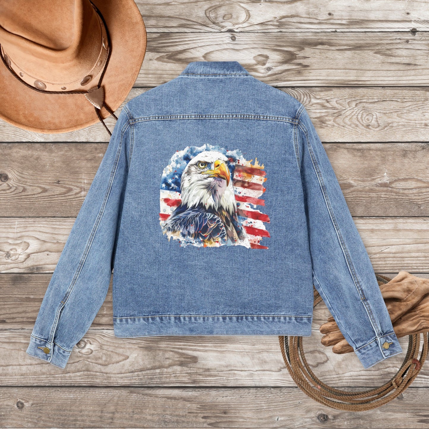 Mens or Womens American Flag Jean Jacket, Cotton Denim American Flag and Eagle, Light Jacket, USA - FlooredByArt