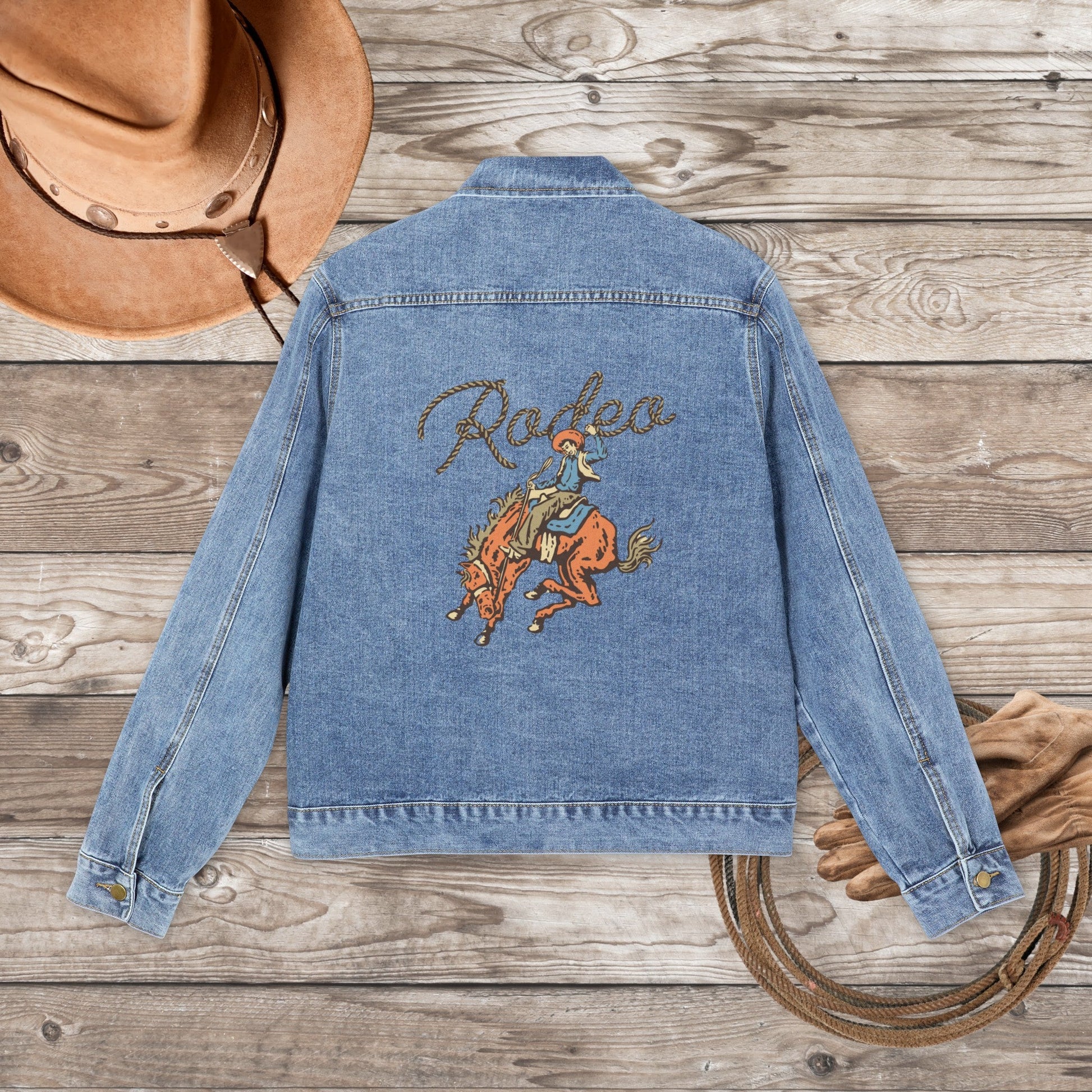 Mens Rodeo Jean Jacket, Cotton Denim Rodeo Bronco Rider, Light Denim Jacket - FlooredByArt
