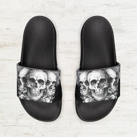 Men's Skull Art Slide Sandals, Mystical Skulls on Shoes, Unique Black & White Drawing - FlooredByArt