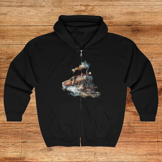 Men's Train Jacket, Vintage Locomotive Steam Engine Full Zip Hoodie - FlooredByArt