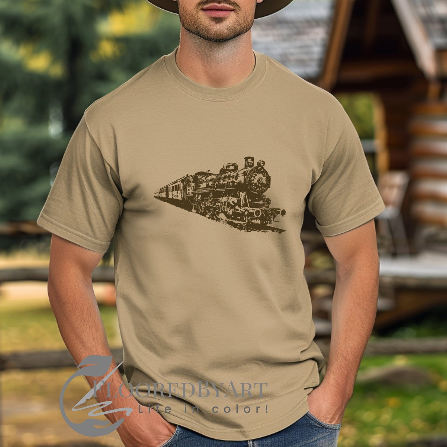 Men's Train T-shirt, Vintage Drawing of Locomotive Train Steam Engine, Soft Comfort Color - FlooredByArt