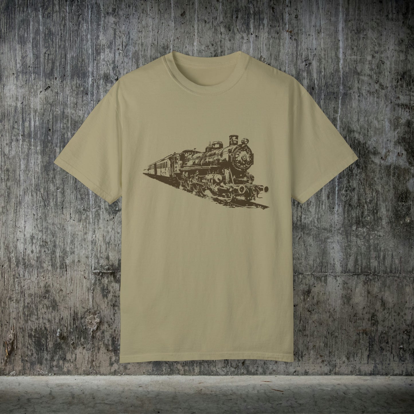 Men's Train T-shirt, Vintage Drawing of Locomotive Train Steam Engine, Soft Comfort Color - FlooredByArt