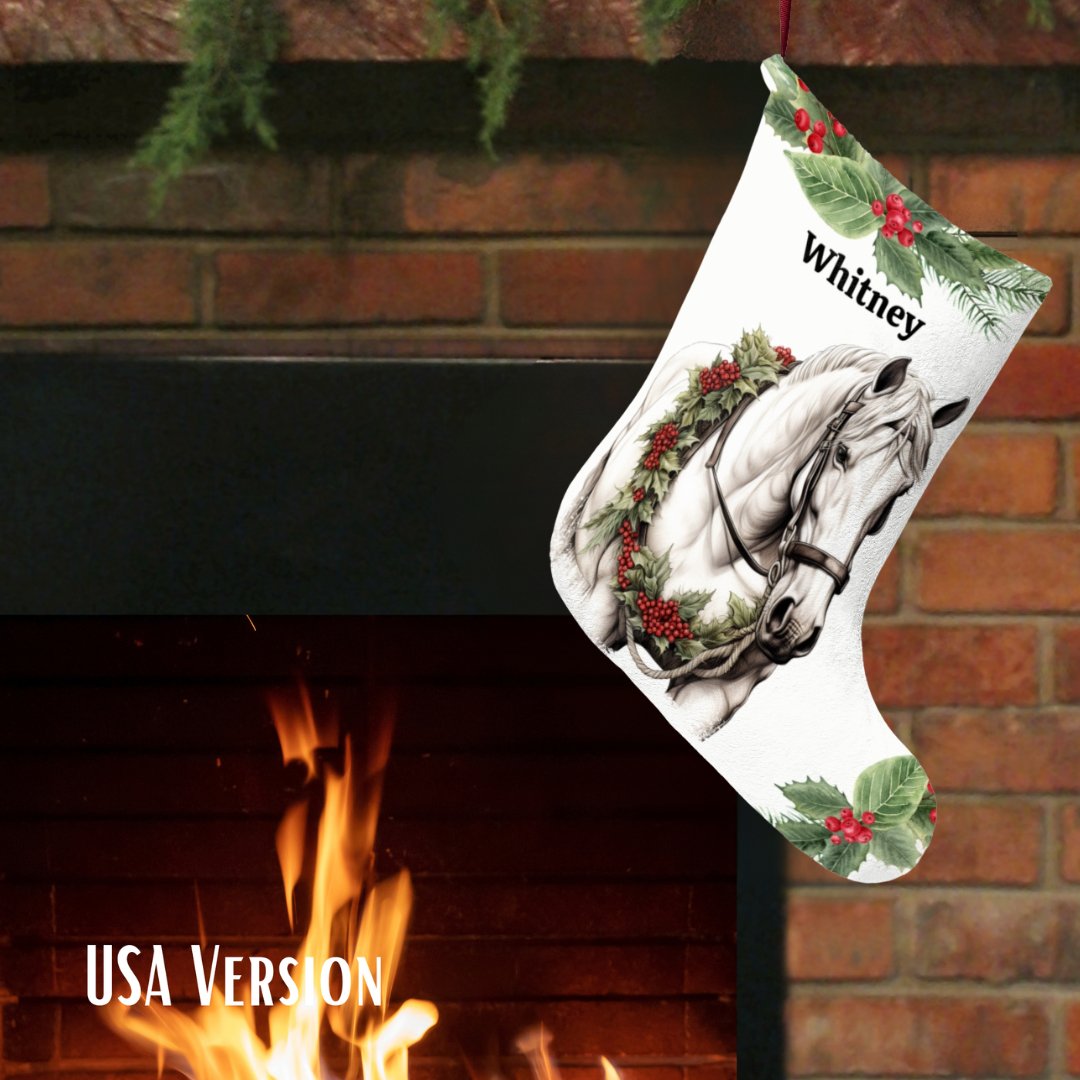 Minimalist White Horse Christmas Stocking, Large Holiday Stocking - FlooredByArt