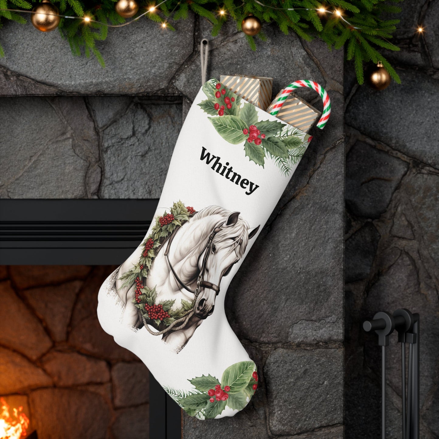 Minimalist White Horse Christmas Stocking, Large Holiday Stocking - FlooredByArt