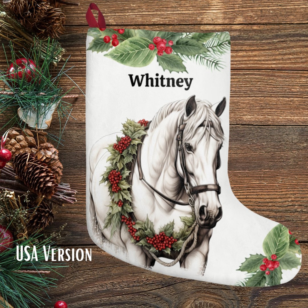 Minimalist White Horse Christmas Stocking, Large Holiday Stocking - FlooredByArt