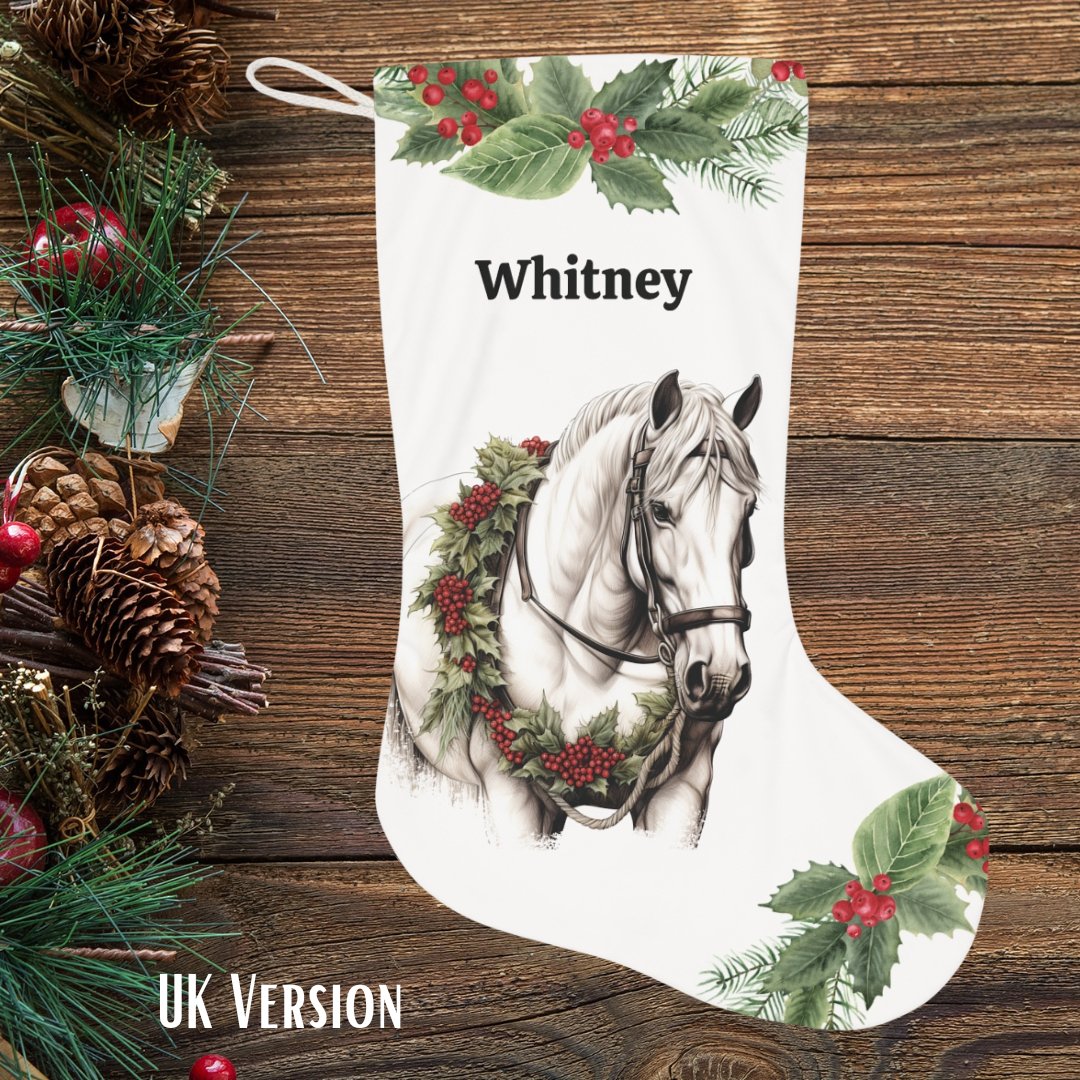 Minimalist White Horse Christmas Stocking, Large Holiday Stocking - FlooredByArt