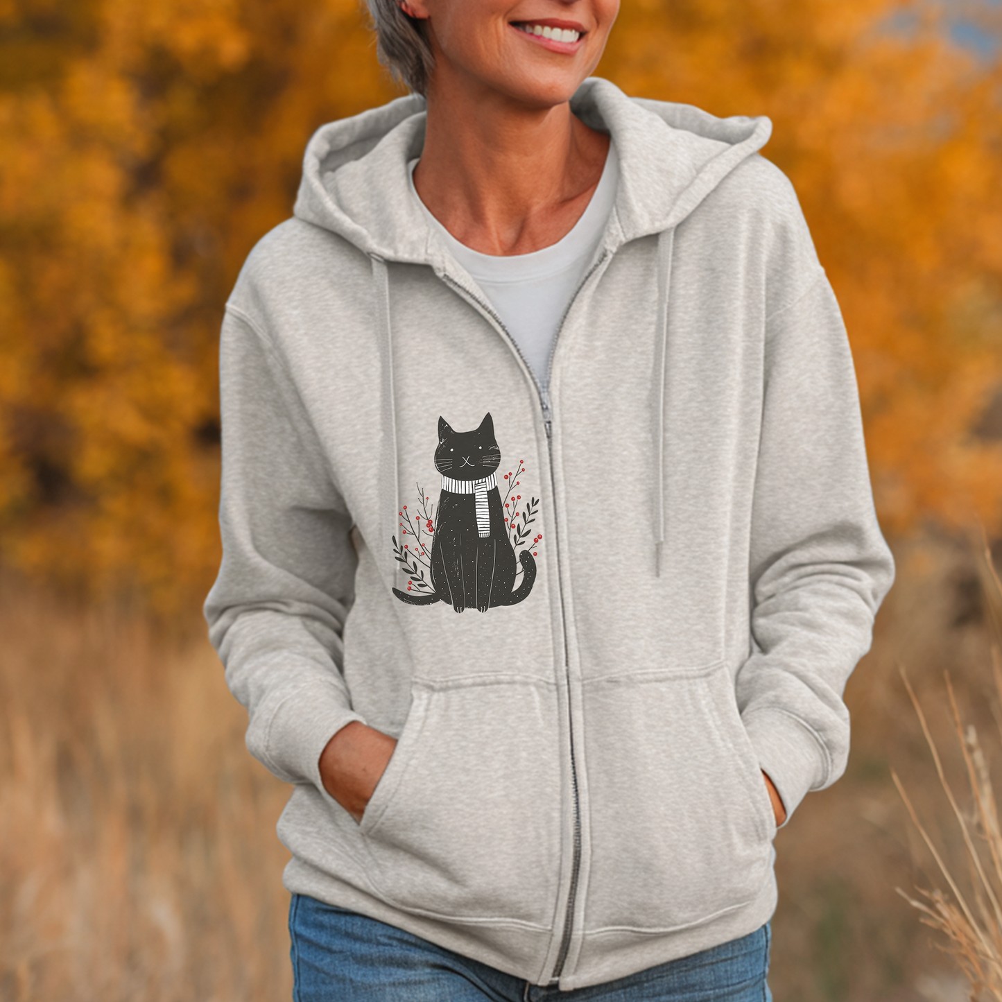 Black Cat Illustration Full Zip Hoodie | Minimal Fall Cat Silhouette, Cat Accents