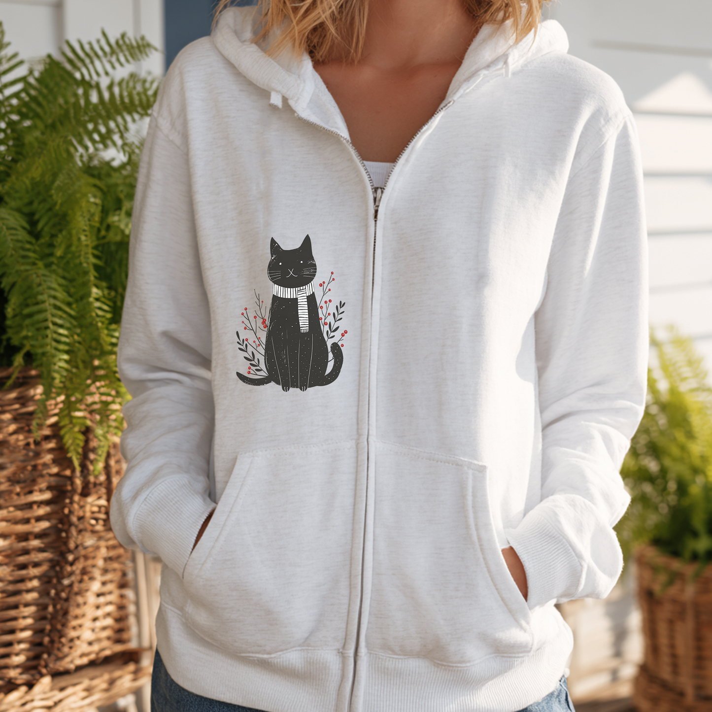 Black Cat Illustration Full Zip Hoodie | Minimal Fall Cat Silhouette, Cat Accents