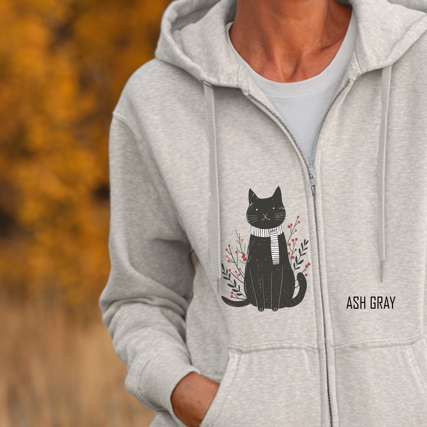 Black Cat Illustration Full Zip Hoodie | Minimal Fall Cat Silhouette, Cat Accents