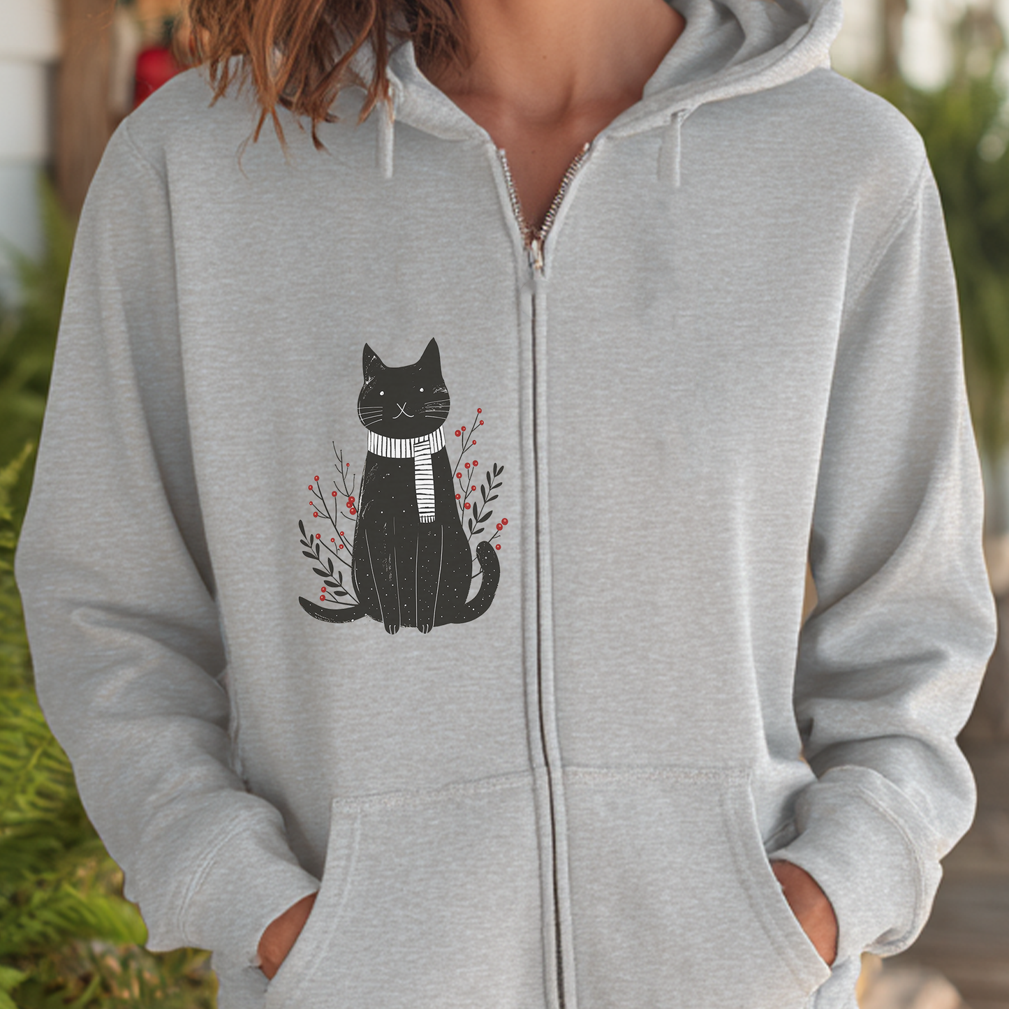 Black Cat Illustration Full Zip Hoodie | Minimal Fall Cat Silhouette, Cat Accents