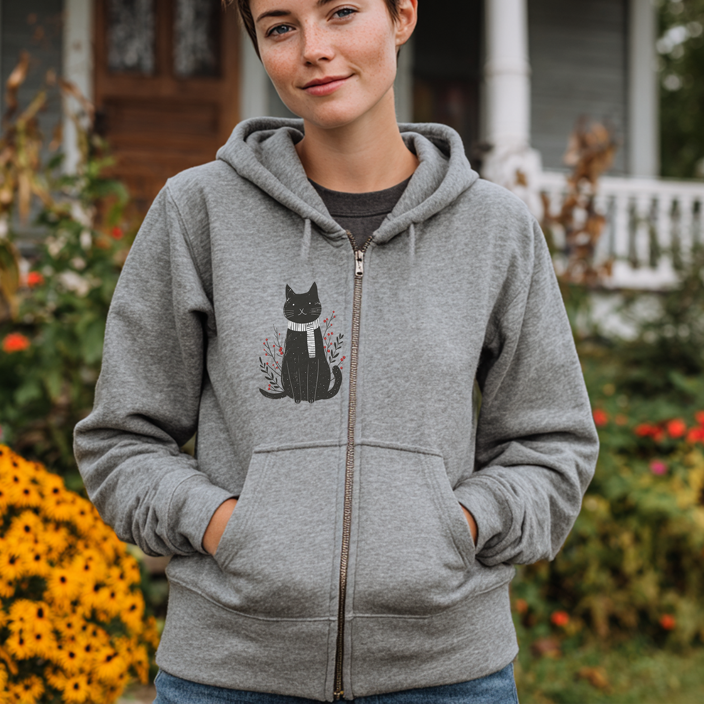 Black Cat Illustration Full Zip Hoodie | Minimal Fall Cat Silhouette, Cat Accents