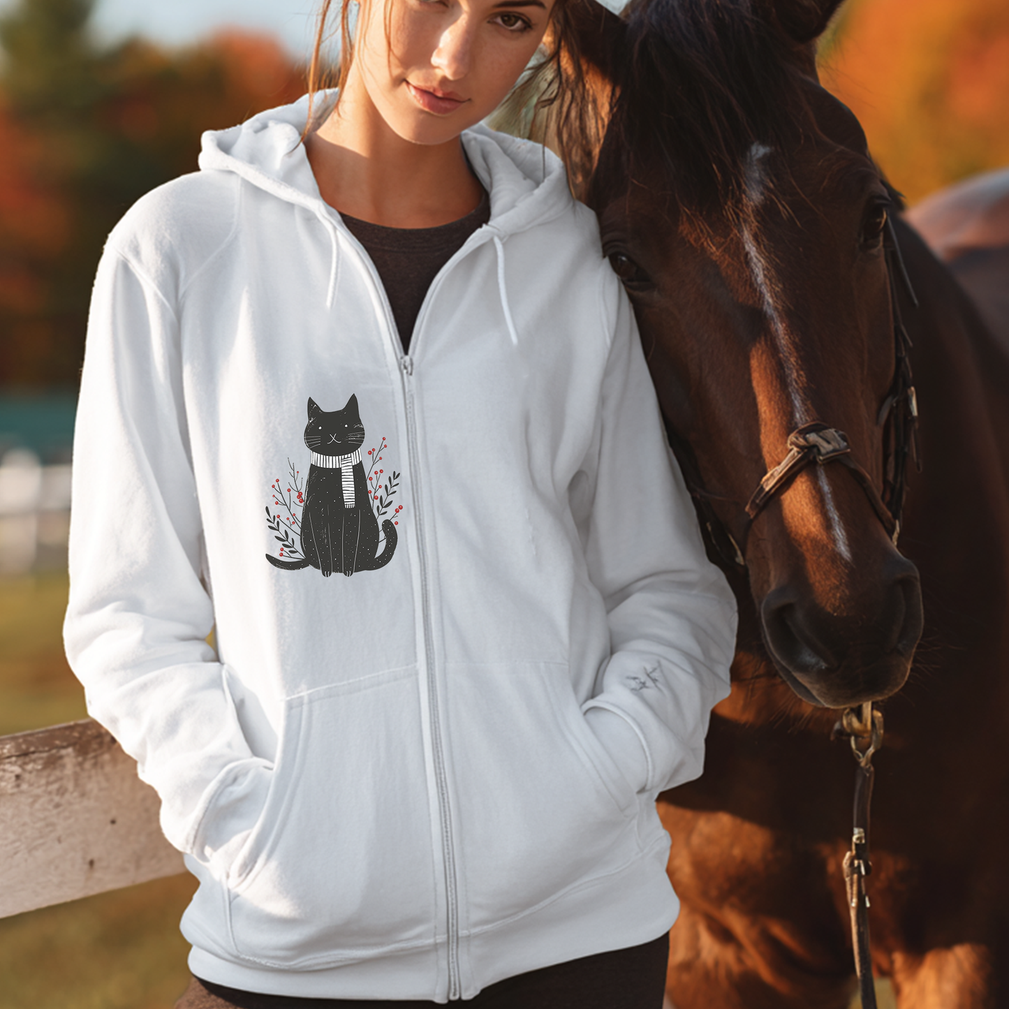Black Cat Illustration Full Zip Hoodie | Minimal Fall Cat Silhouette, Cat Accents