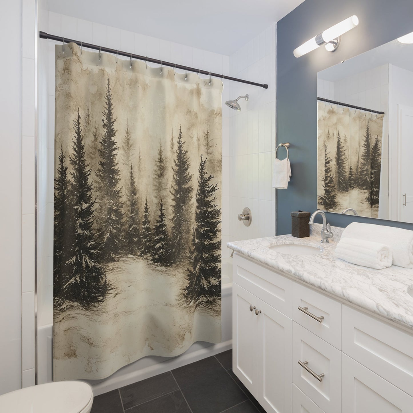 Misty Mountains, Dark Pine Forest - Unique Nature Art for Bathroom Decor - FlooredByArt