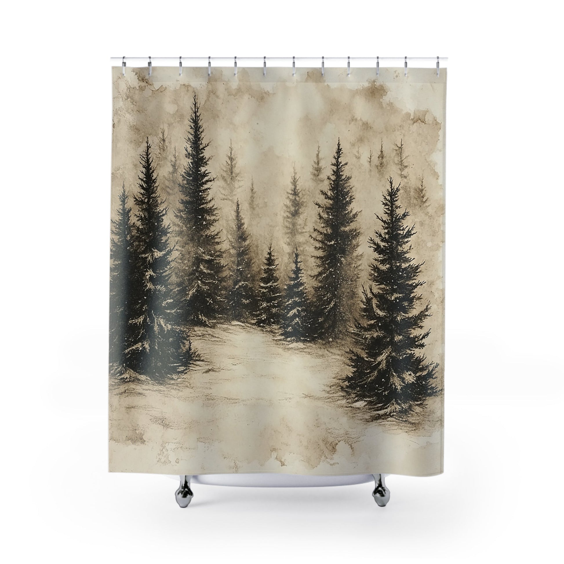 Misty Mountains, Dark Pine Forest - Unique Nature Art for Bathroom Decor - FlooredByArt
