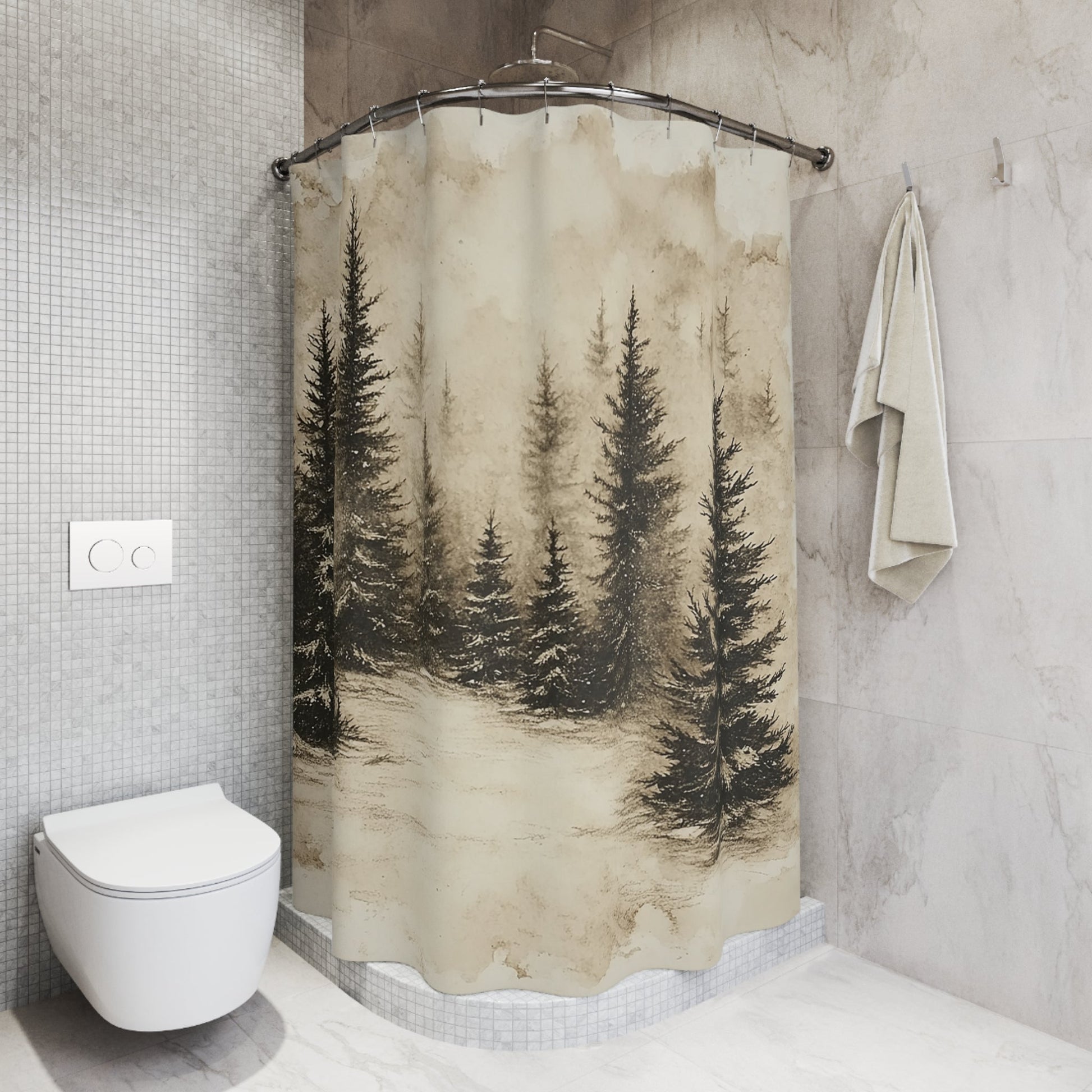Misty Mountains, Dark Pine Forest - Unique Nature Art for Bathroom Decor - FlooredByArt