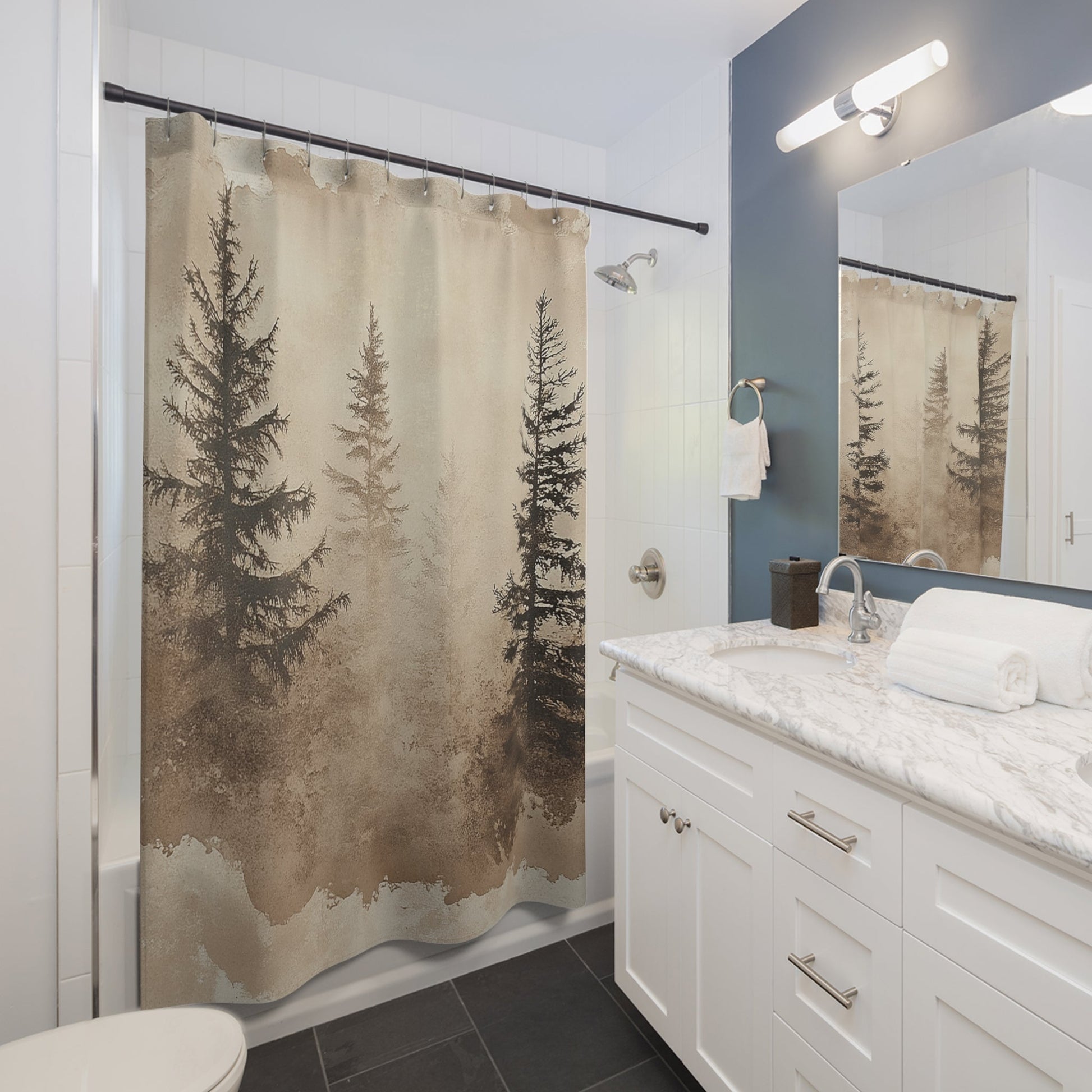 Misty Mountains Watercolor Shower Curtain, Foggy Bottom Pine Bathroom Decor - FlooredByArt
