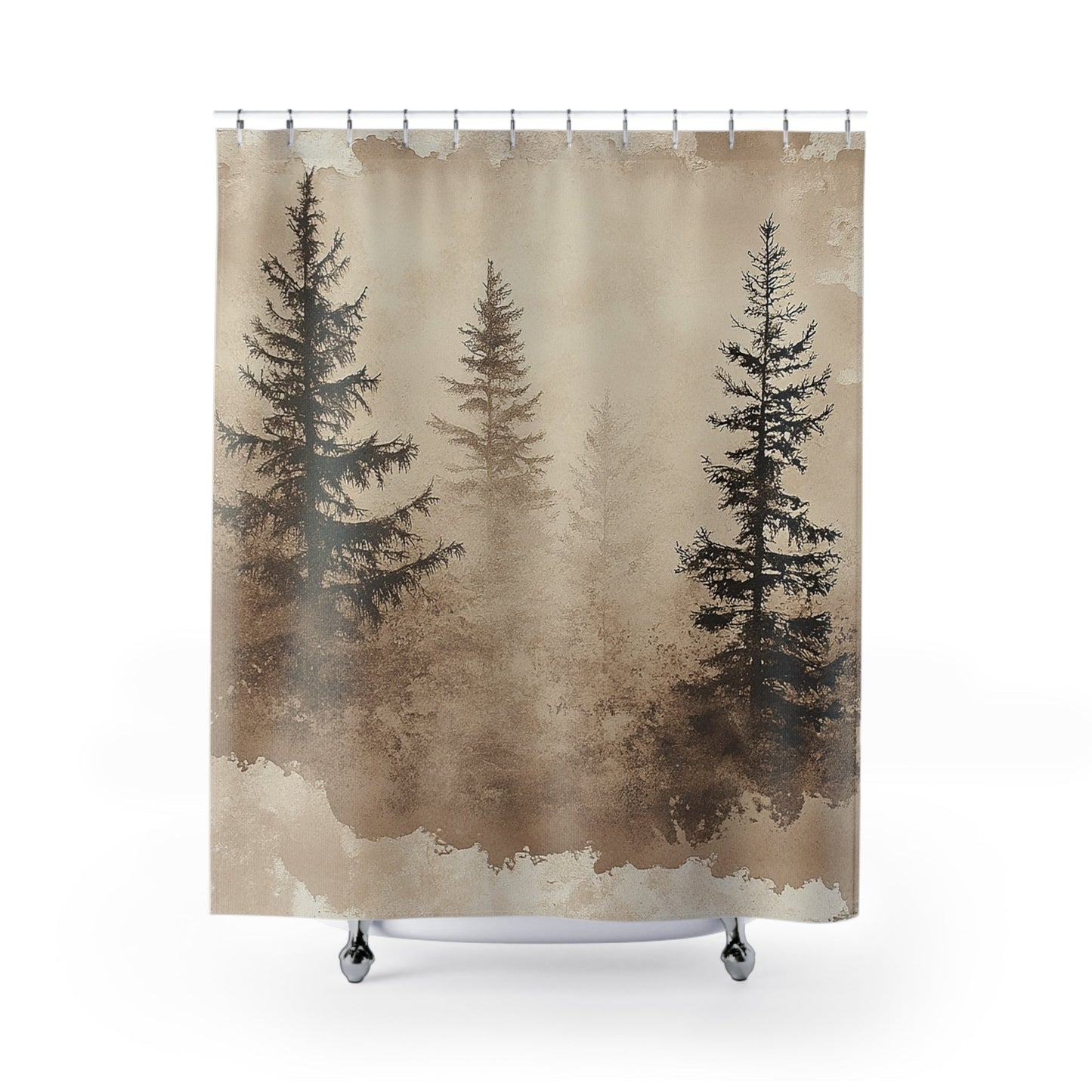 Misty Mountains Watercolor Shower Curtain, Foggy Bottom Pine Bathroom Decor - FlooredByArt