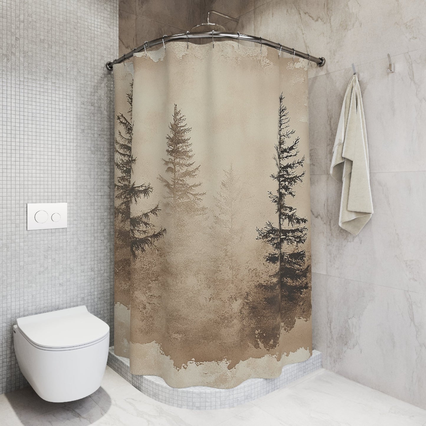 Misty Mountains Watercolor Shower Curtain, Foggy Bottom Pine Bathroom Decor - FlooredByArt