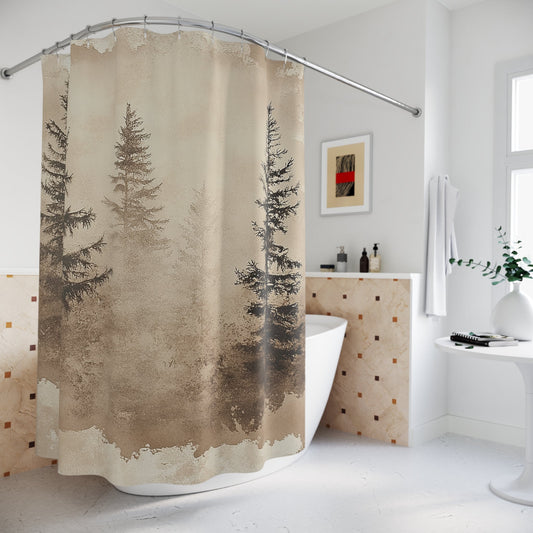 Misty Mountains Watercolor Shower Curtain, Foggy Bottom Pine Bathroom Decor - FlooredByArt