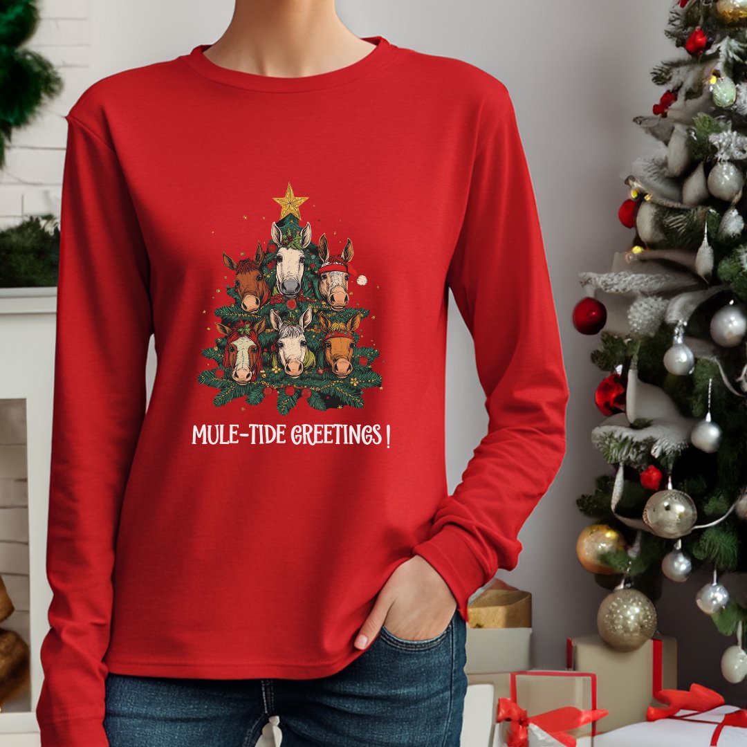 Mule Christmas Long Sleeve T-Shirt, Mule - Tide Greetings Donkey Shirt Gift - FlooredByArt