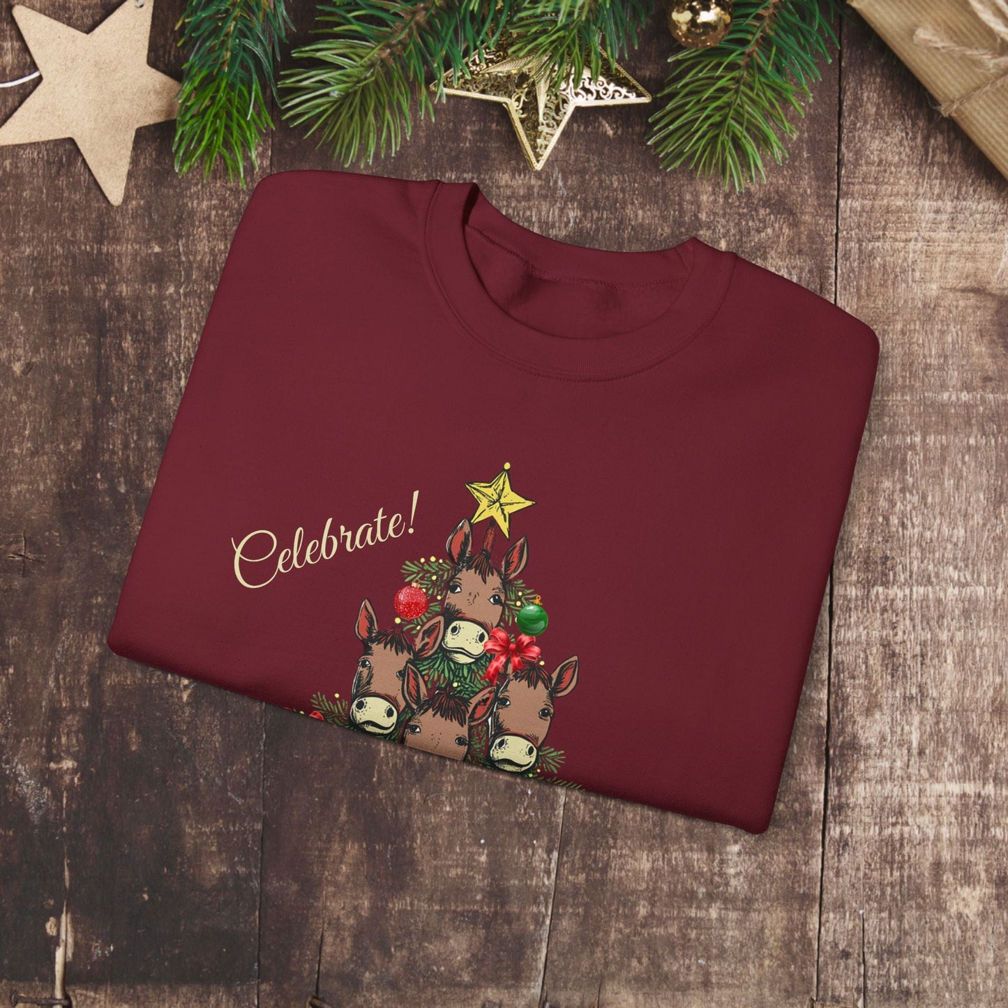 Mule Horse Christmas Sweatshirt Shirt, "Celebrate The Mule Tree", Mules Christmas Tree Shirt - FlooredByArt