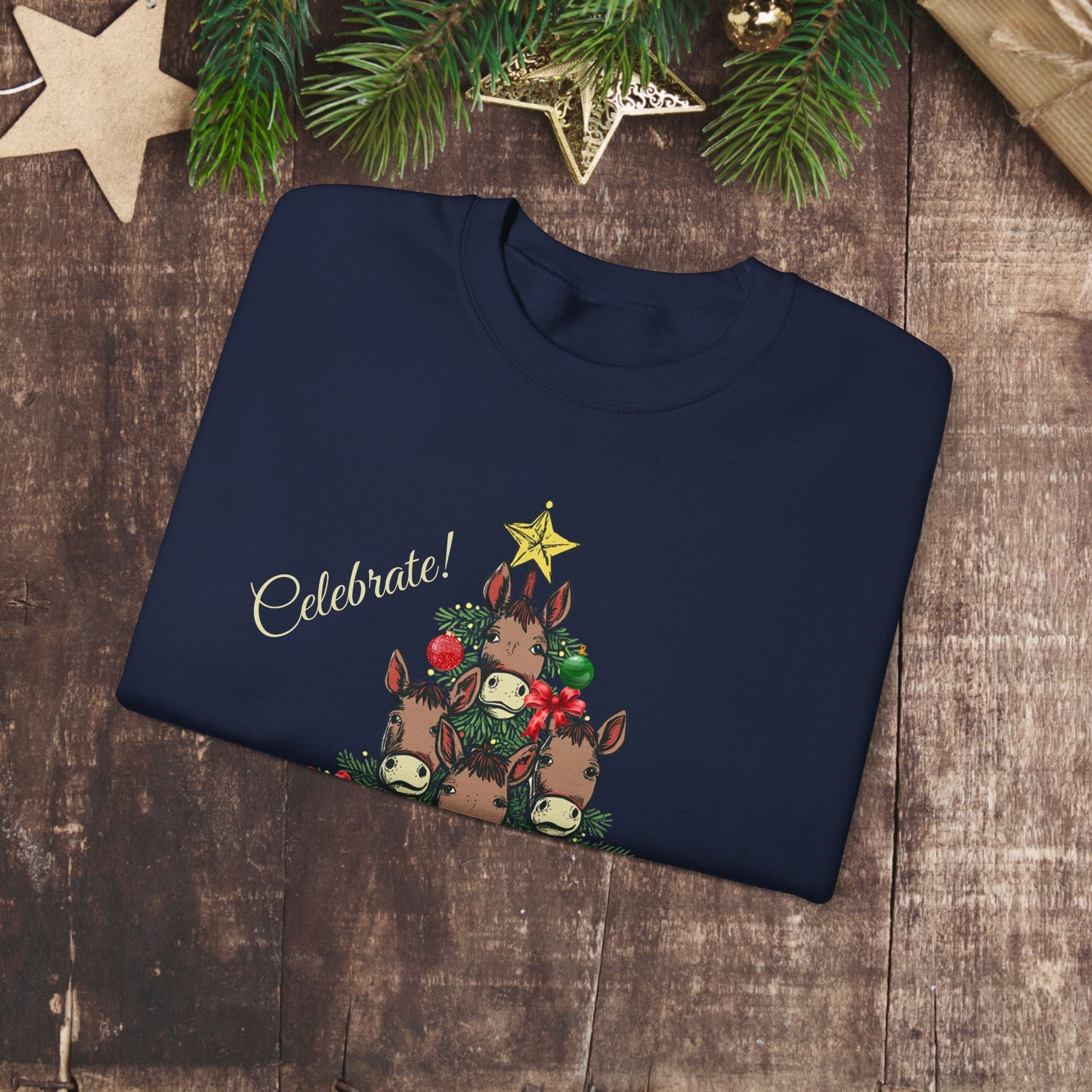 Mule Horse Christmas Sweatshirt Shirt, "Celebrate The Mule Tree", Mules Christmas Tree Shirt - FlooredByArt